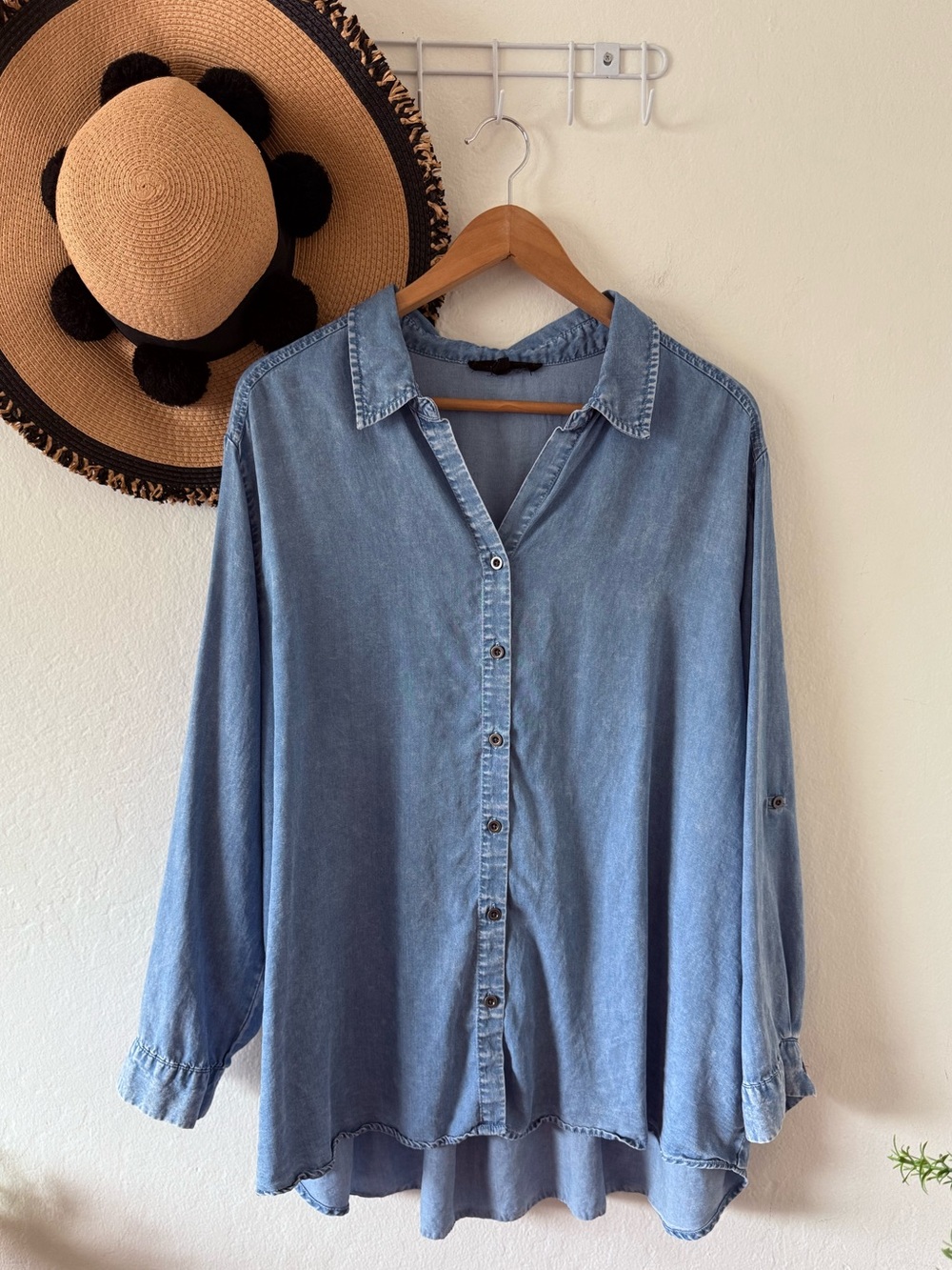 Jane & Delancey Blue Chambray Tencel Long Sleeve Top Button Down Size 2X